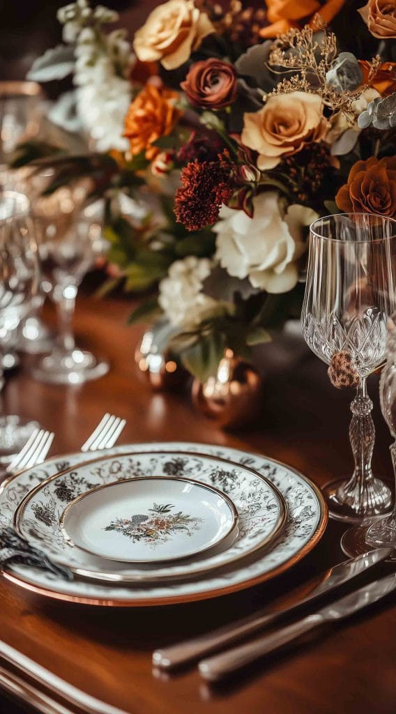 Elegant Thanksgiving table setting with vintage china and a floral centerpiece in warm autumn colors.