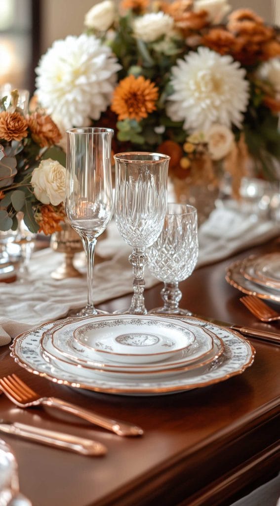 Elegant Thanksgiving table with crystal glassware, vintage plates, and autumnal floral centerpiece.