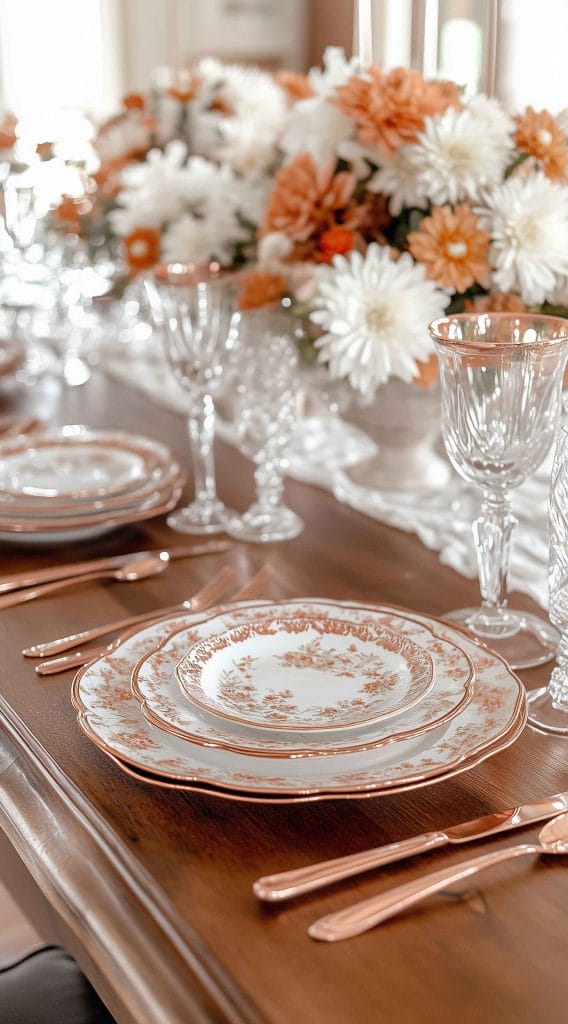 Vintage dishware with floral centerpiece and crystal glassware for an elegant Thanksgiving table setting.