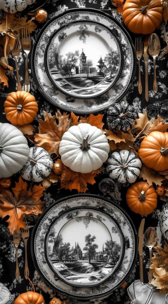 Black and white vintage plates with pumpkins and autumn leaves for a sophisticated Thanksgiving table setting.