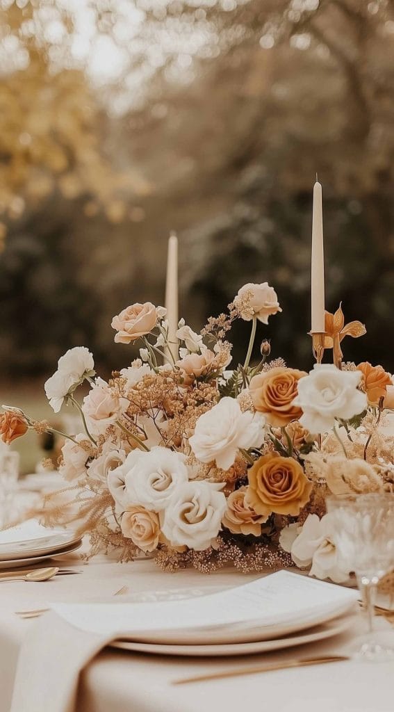 Elegant outdoor Thanksgiving table setting with soft autumn florals and tapered candles.