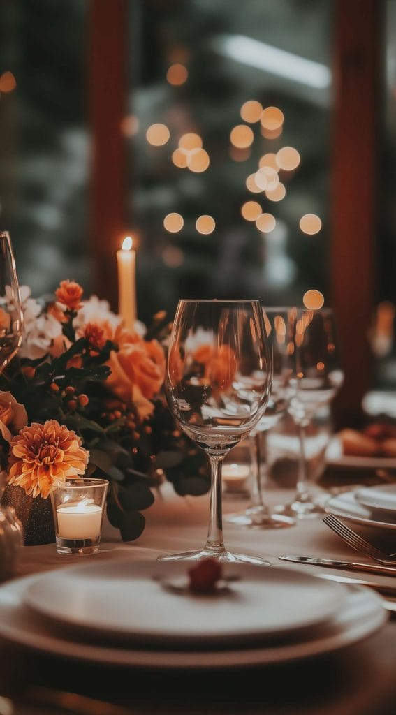 Intimate Thanksgiving dinner table with warm candlelight and autumn floral decorations.