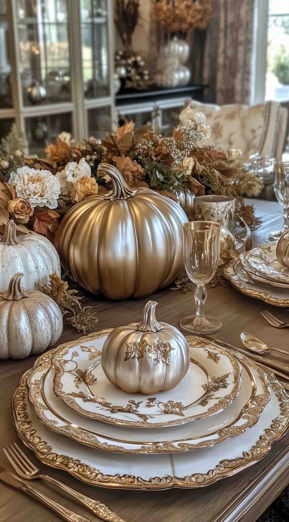 Thanksgiving dinner table with gold pumpkins, ornate dinnerware, and floral arrangements.