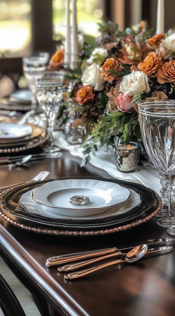 Elegant Thanksgiving table setting with floral centerpiece, metallic rimmed plates, and crystal glassware.