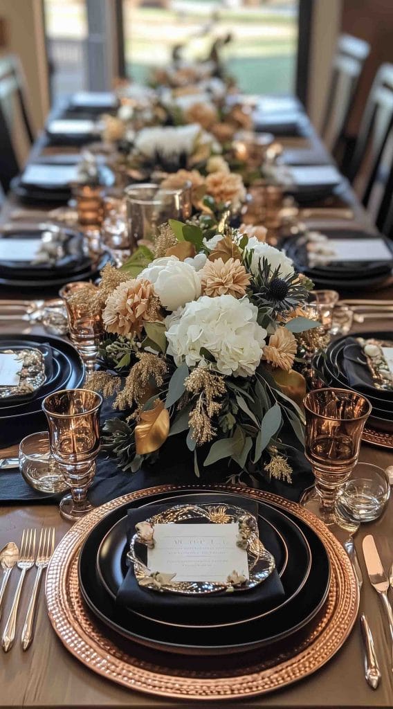 Modern Thanksgiving table with dark dinnerware, metallic accents, and a lush floral centerpiece.