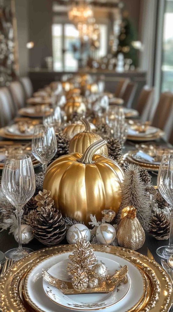 Elegant Thanksgiving table with gold pumpkins, pinecones, and sparkling decorations.