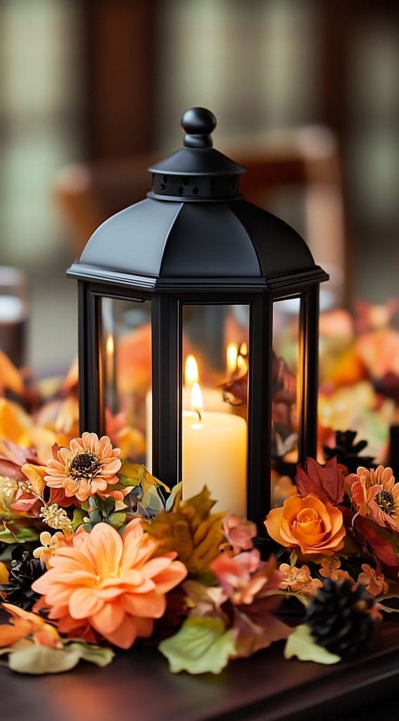 Black lantern centerpiece with a candle surrounded by autumn flowers and leaves for a Thanksgiving table setting.