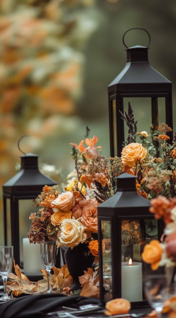 Black lanterns with candles surrounded by a floral arrangement of roses and autumn flowers for an elegant Thanksgiving table setting.