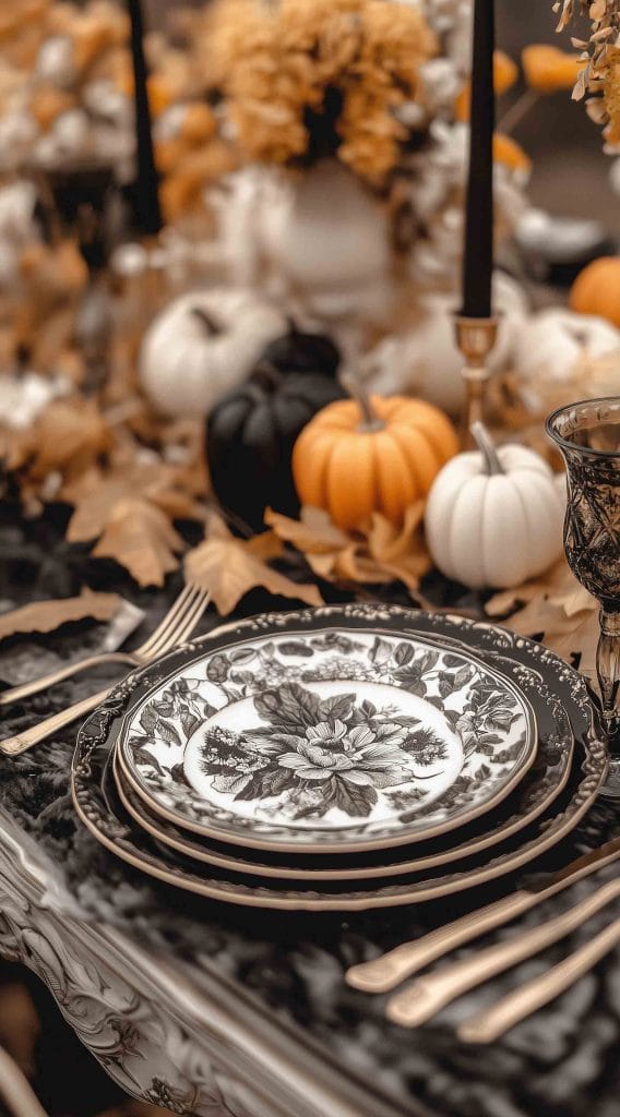 Black and white floral dinnerware with pumpkins and autumn leaves for a vintage-inspired Thanksgiving table setting.