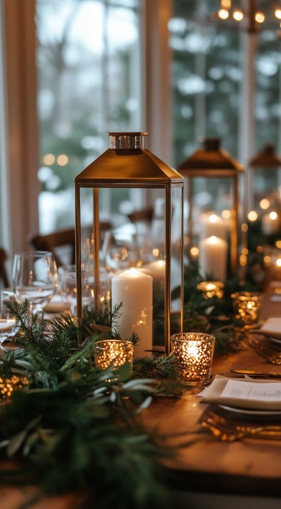 Tall lanterns and candles with greenery accents for a cozy and elegant Thanksgiving table.