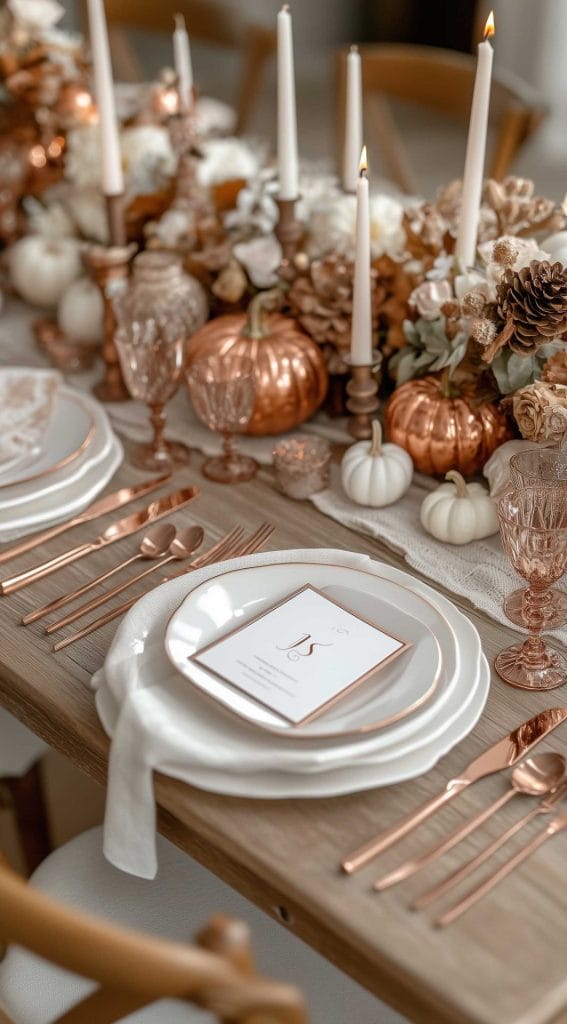 Copper-themed table setting with pumpkins, candles, and elegant dinnerware for a Thanksgiving gathering.