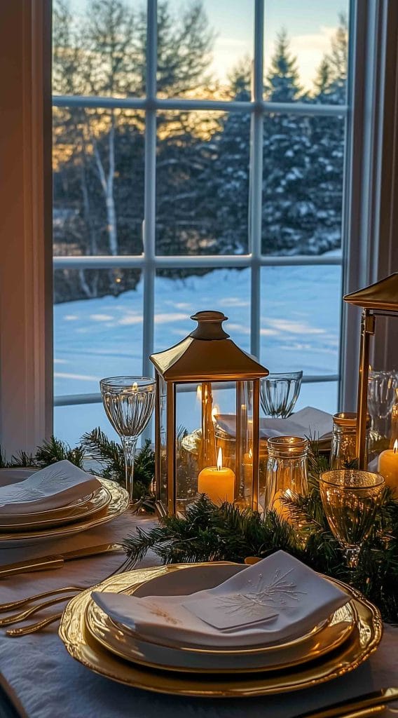 Gold lanterns with candles on a table near a window showing a snowy outdoor scene, set for a Thanksgiving dinner.