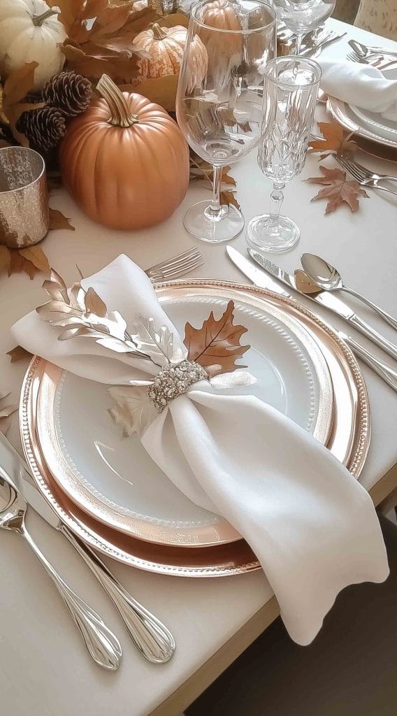 Elegant Thanksgiving table setting with a white napkin decorated with silver and bronze leaves.