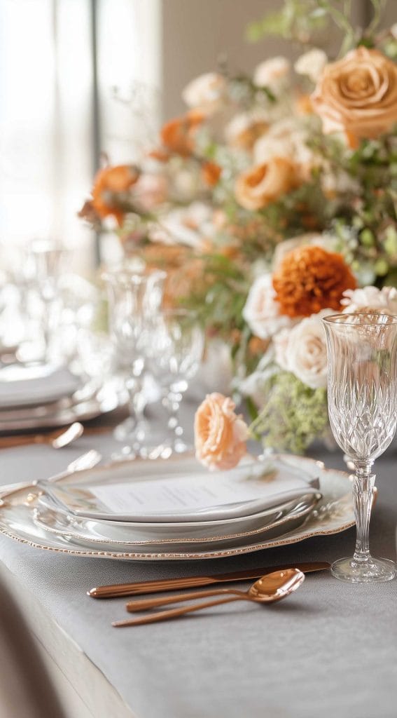 Elegant table setting with glassware, floral arrangements in peach and cream, and silver-edged plates for Thanksgiving.