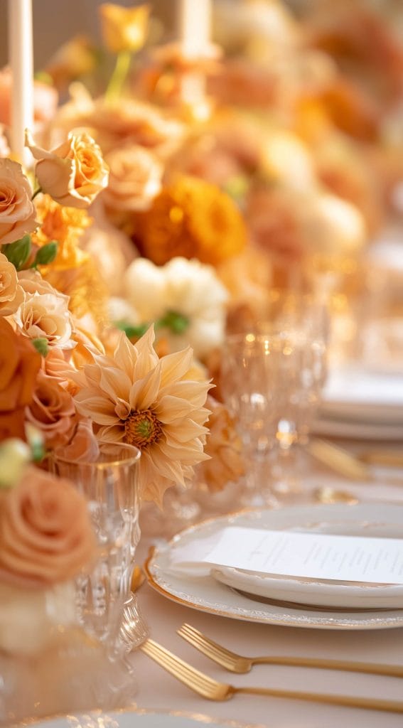 Close-up of an autumn floral centerpiece in peach and orange tones with crystal glassware and gold cutlery for a Thanksgiving table.