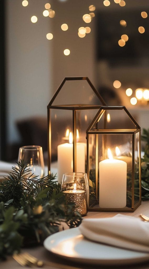 Table setting with modern lanterns and pillar candles, complemented by evergreen branches for a cozy Thanksgiving setting.