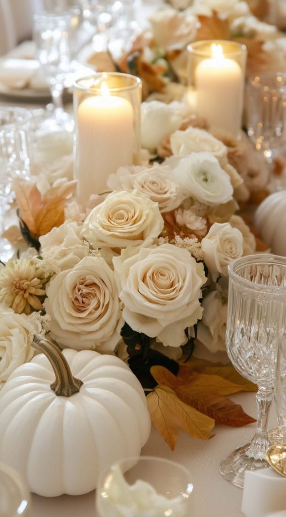 Elegant table setting with white roses, pumpkins, and candlelight for a soft, refined Thanksgiving atmosphere.