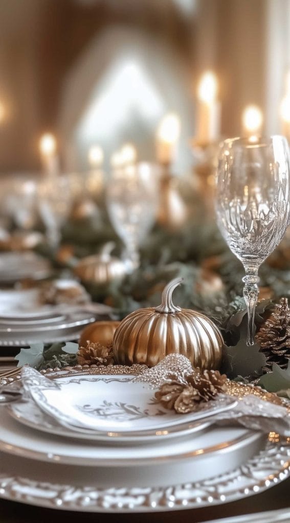 Elegant Thanksgiving table setting with golden pumpkins, crystal glassware, and soft candlelight for a refined holiday ambiance.