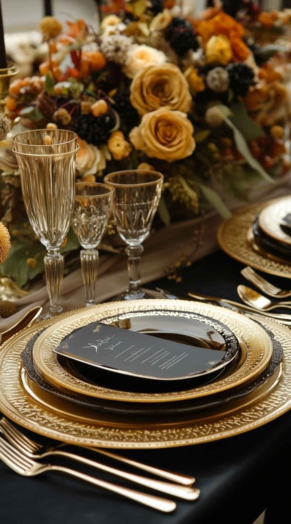 Luxurious black and gold Thanksgiving table setting with crystal glassware and autumnal floral centerpiece.