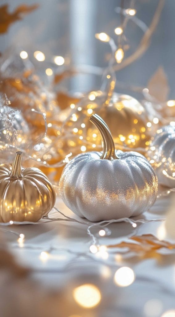 Metallic pumpkins with fairy lights in silver and gold tones for a cozy holiday display.