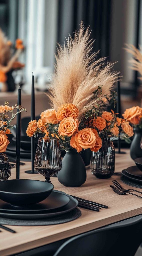 Orange floral and pampas grass centerpiece with black tableware and candles for a modern holiday table setting.