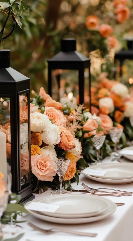 Black lanterns with peach and white roses for a romantic Thanksgiving table setting.