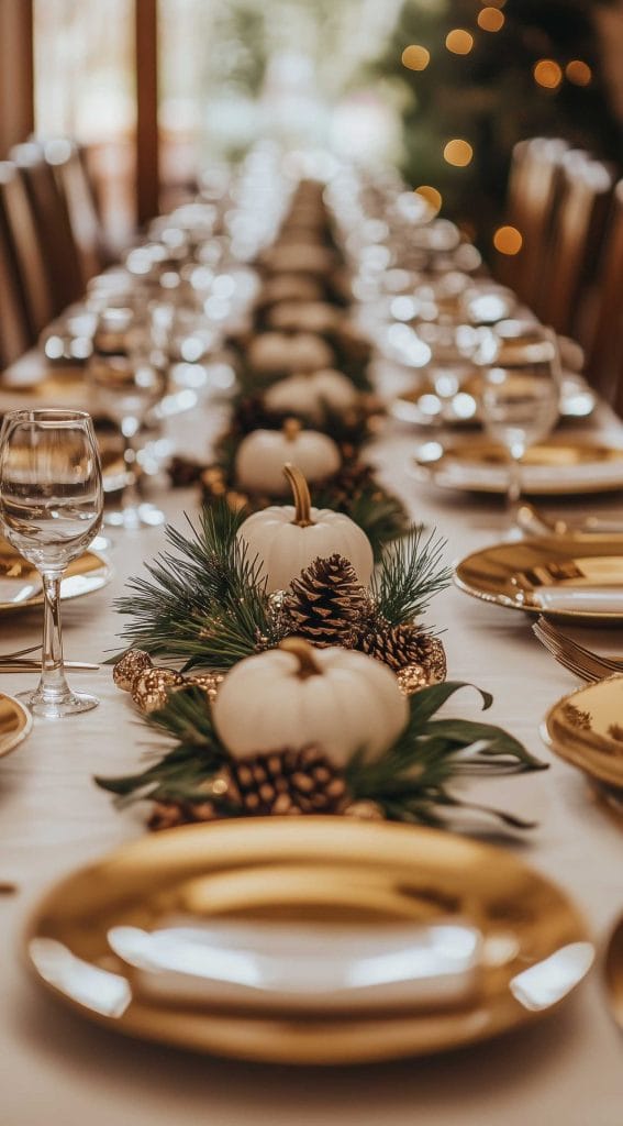 Long Thanksgiving table with a garland centerpiece of mini white pumpkins, pinecones, and greenery.