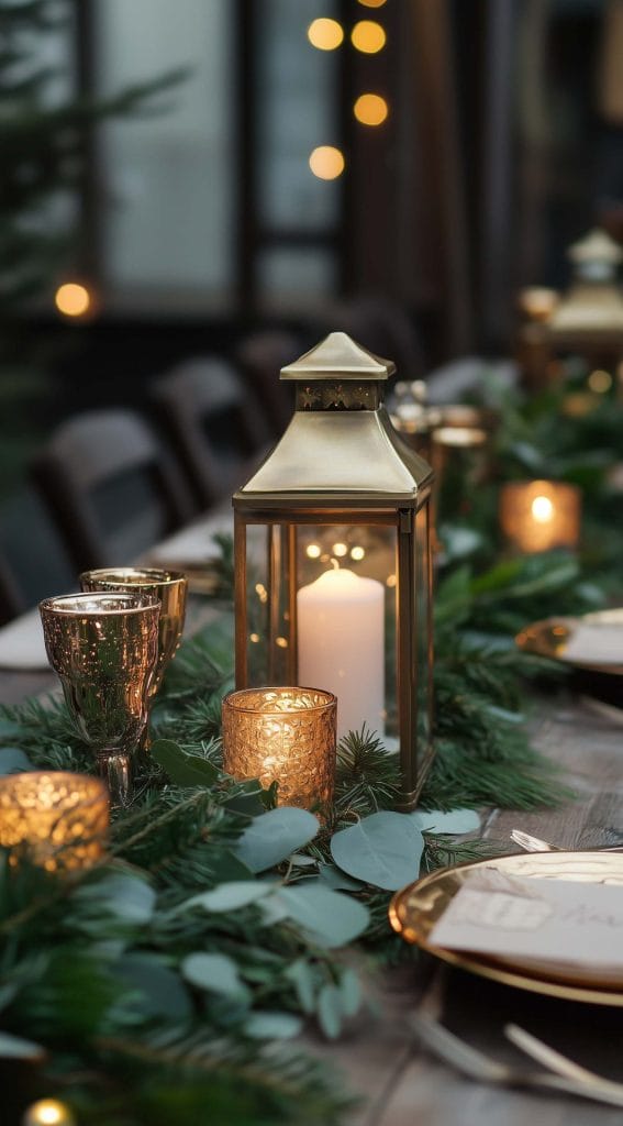 Gold lantern centerpiece with greenery and candlelight for a warm Thanksgiving table setting.