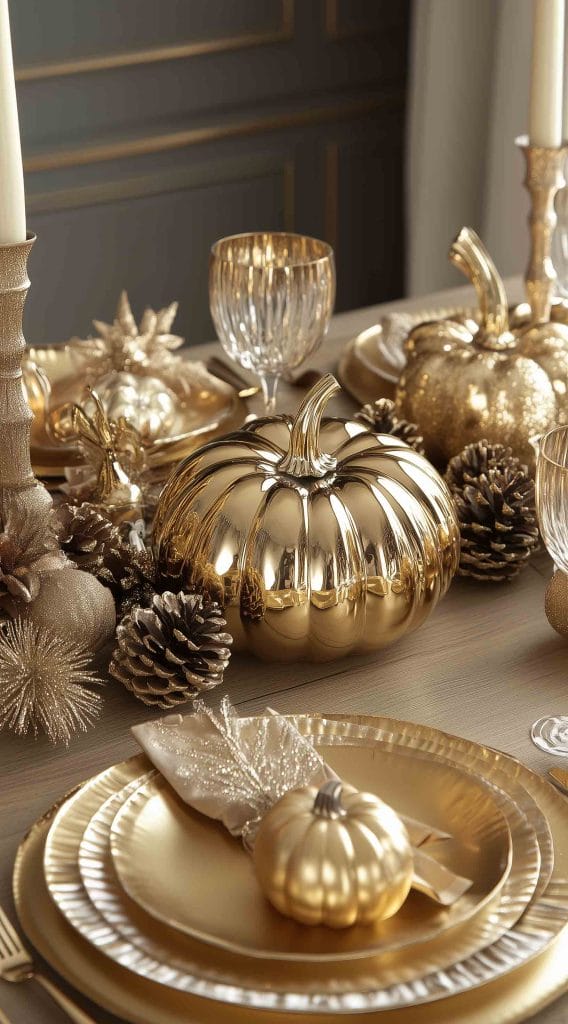 Gold pumpkin centerpiece with matching plates and pinecones for an elegant Thanksgiving table.