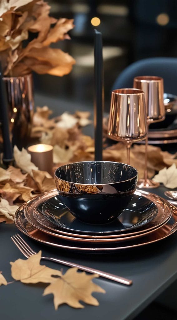 Black and copper place setting with autumn leaves and candles for a modern Thanksgiving decor.