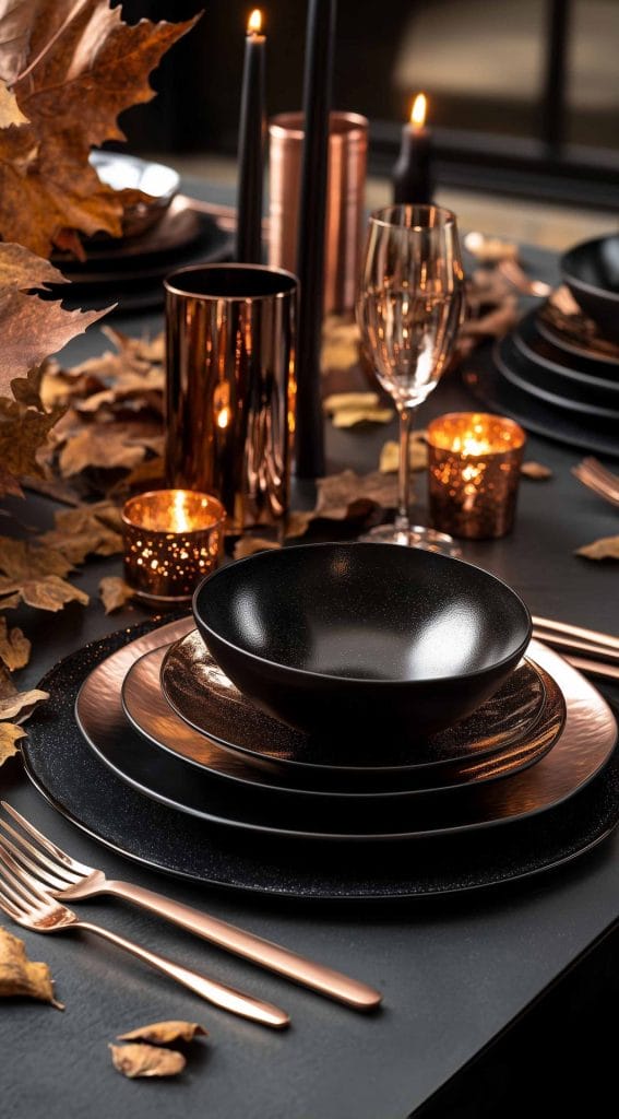 Black and copper place setting with candles and autumn leaves for a sophisticated Thanksgiving decor.