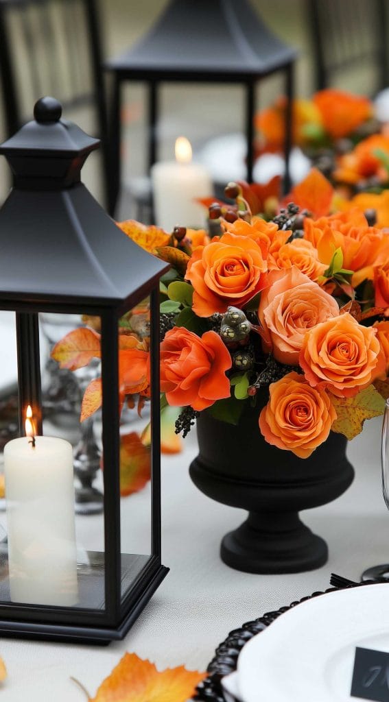 Orange roses in a black vase with a candlelit lantern for a festive Thanksgiving table setting.