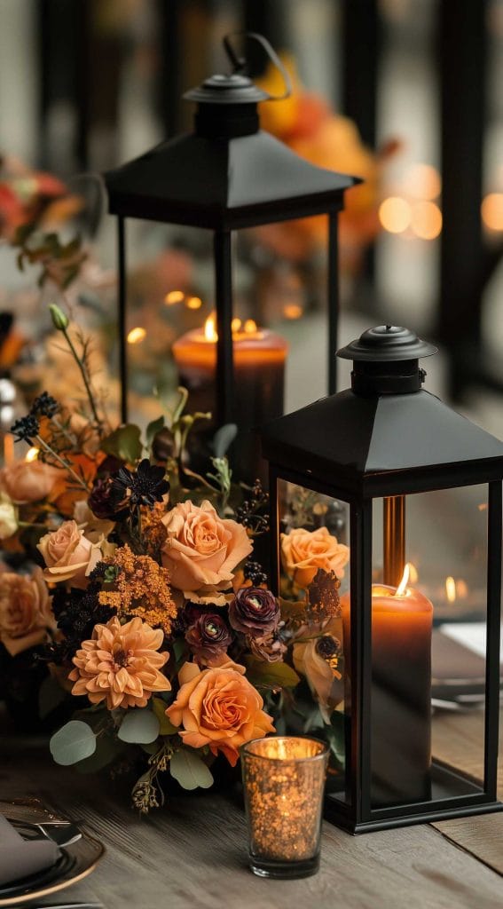 Black lanterns with autumnal floral arrangement and candlelight for a cozy Thanksgiving centerpiece.