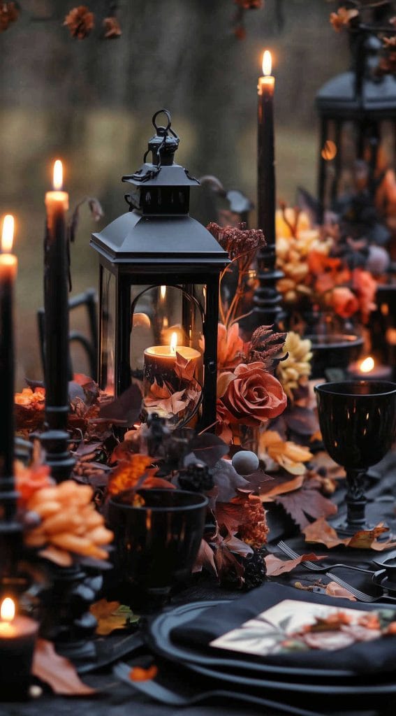 Dark Thanksgiving centerpiece with black lanterns, candles, and deep-toned autumn florals.