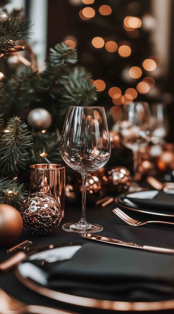 Glassware and pine greenery with copper accents on a modern holiday table setting.