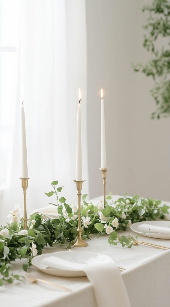 Minimalist Thanksgiving table with greenery garland and tall taper candles.