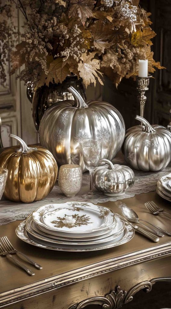 Elegant Thanksgiving setting with silver and gold pumpkins and ornate dinnerware.