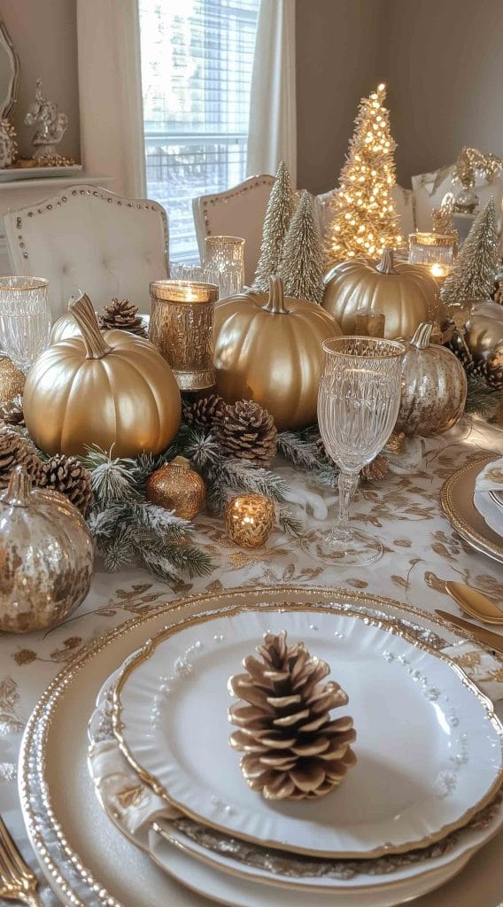 Thanksgiving table decor with golden pumpkins, pinecones, frosted greenery, and candlelight.