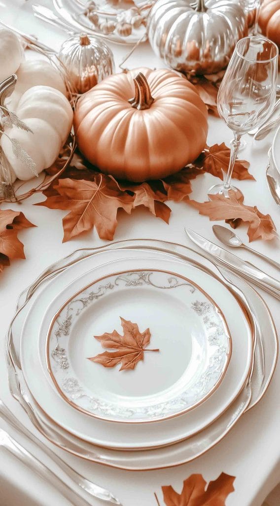 Elegant Thanksgiving table with copper and silver pumpkins, autumn leaves, and fine dinnerware.