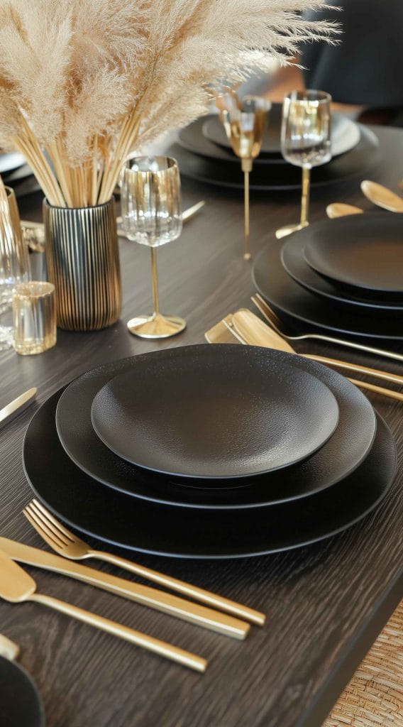 Elegant Thanksgiving table setting with black plates, gold flatware, and a pampas grass centerpiece.