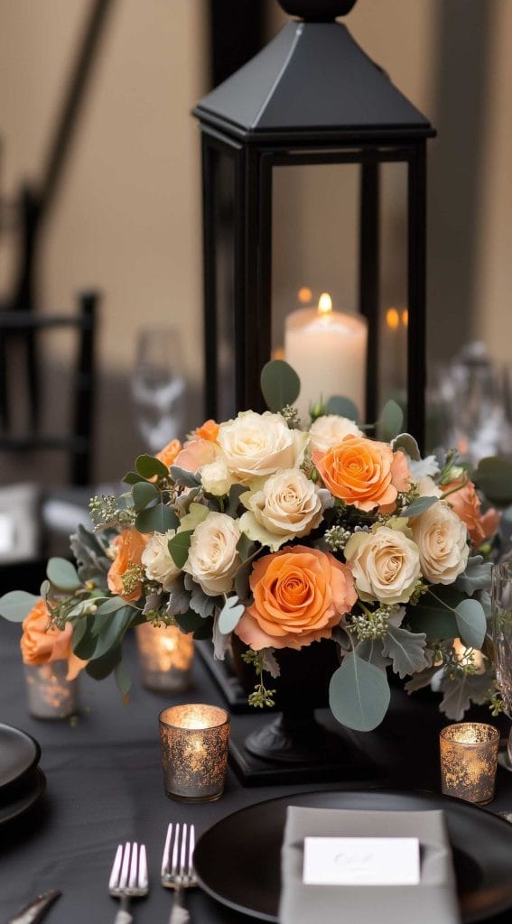 Black lantern centerpiece with peach and ivory roses and soft candlelight on a Thanksgiving table.