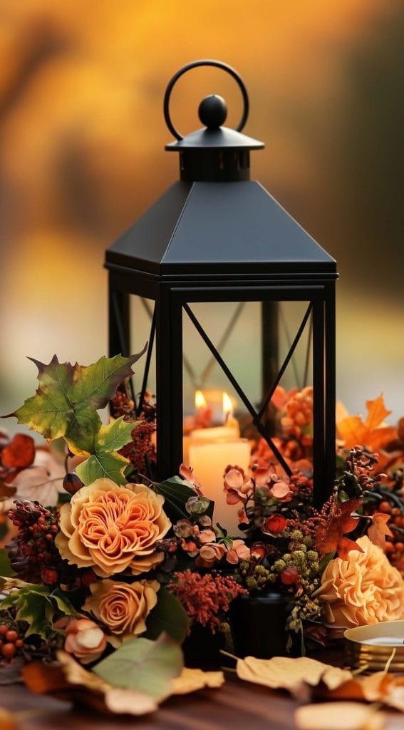 Black lantern centerpiece with autumn florals and candlelight for a cozy holiday display.