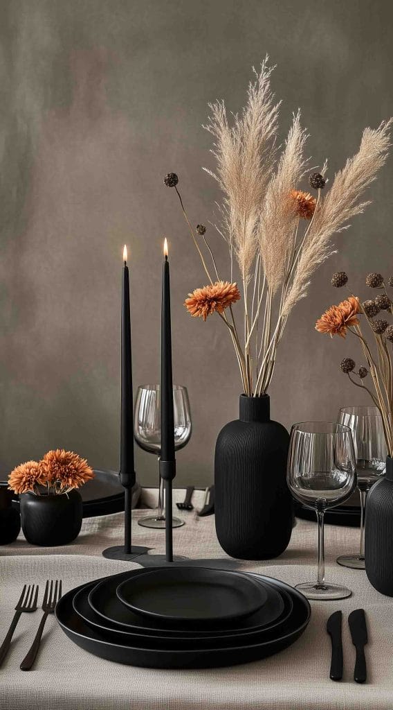 Minimalist table setting with black plates, candles, and dried pampas grass for a modern holiday look.