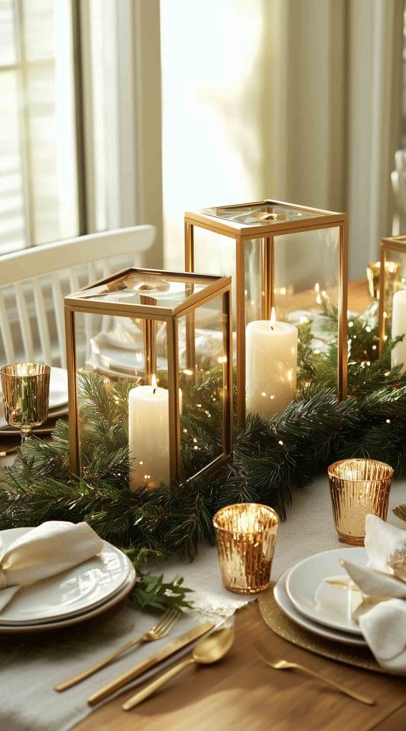 Gold lanterns with candles and greenery as a cozy Thanksgiving centerpiece.