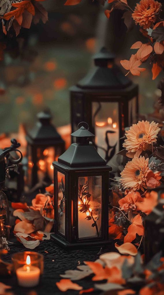 Black lanterns with candlelight surrounded by fall foliage and orange flowers for a cozy holiday display.