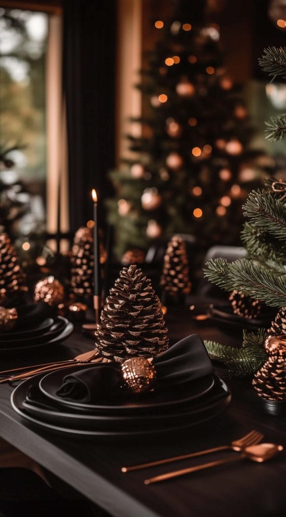 Black-themed table setting with pinecones, candles, and greenery for a cozy Thanksgiving look.