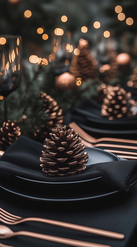 Pinecone place setting with black plates, copper utensils, and warm lighting accents for a cozy Thanksgiving setup.