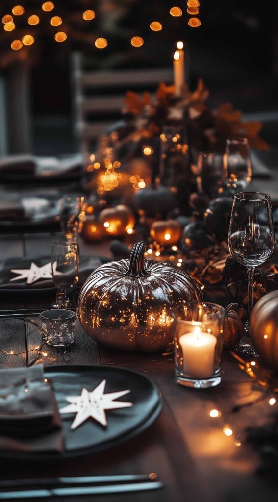 Metallic pumpkin Thanksgiving table setting with candles and fairy lights.