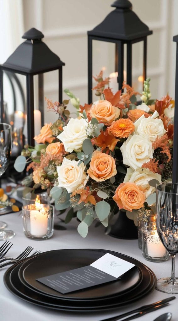 Black lanterns and floral centerpiece with peach and cream roses, eucalyptus, and candles.