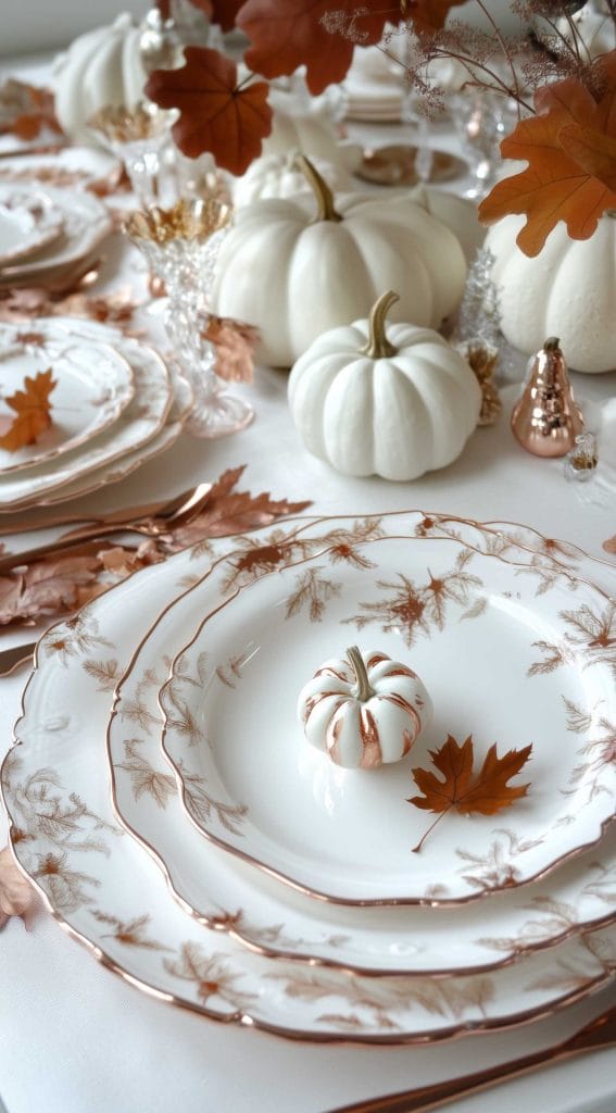 White and copper-themed table setting with leaf-patterned plates and small pumpkins.